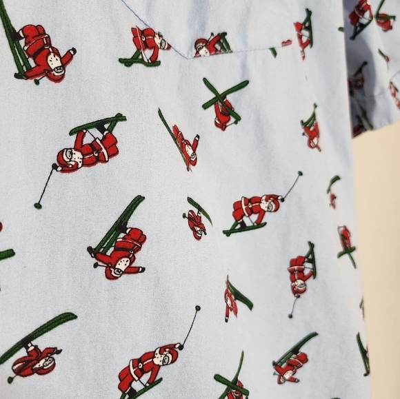 MBX skiing santa short sleeve button down shirt. Blue/Red. - Picture 12 of 16